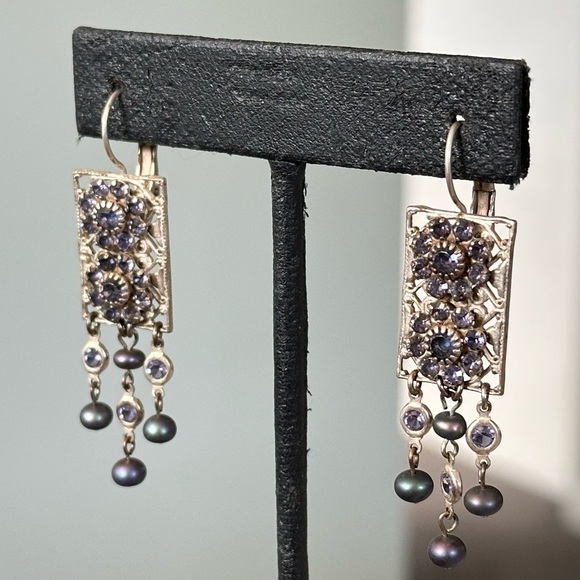 Liz Palacios Freshwater Pearl Swarovski Crystal Purple Lavender Flower Earrings - Picture 3 of 6